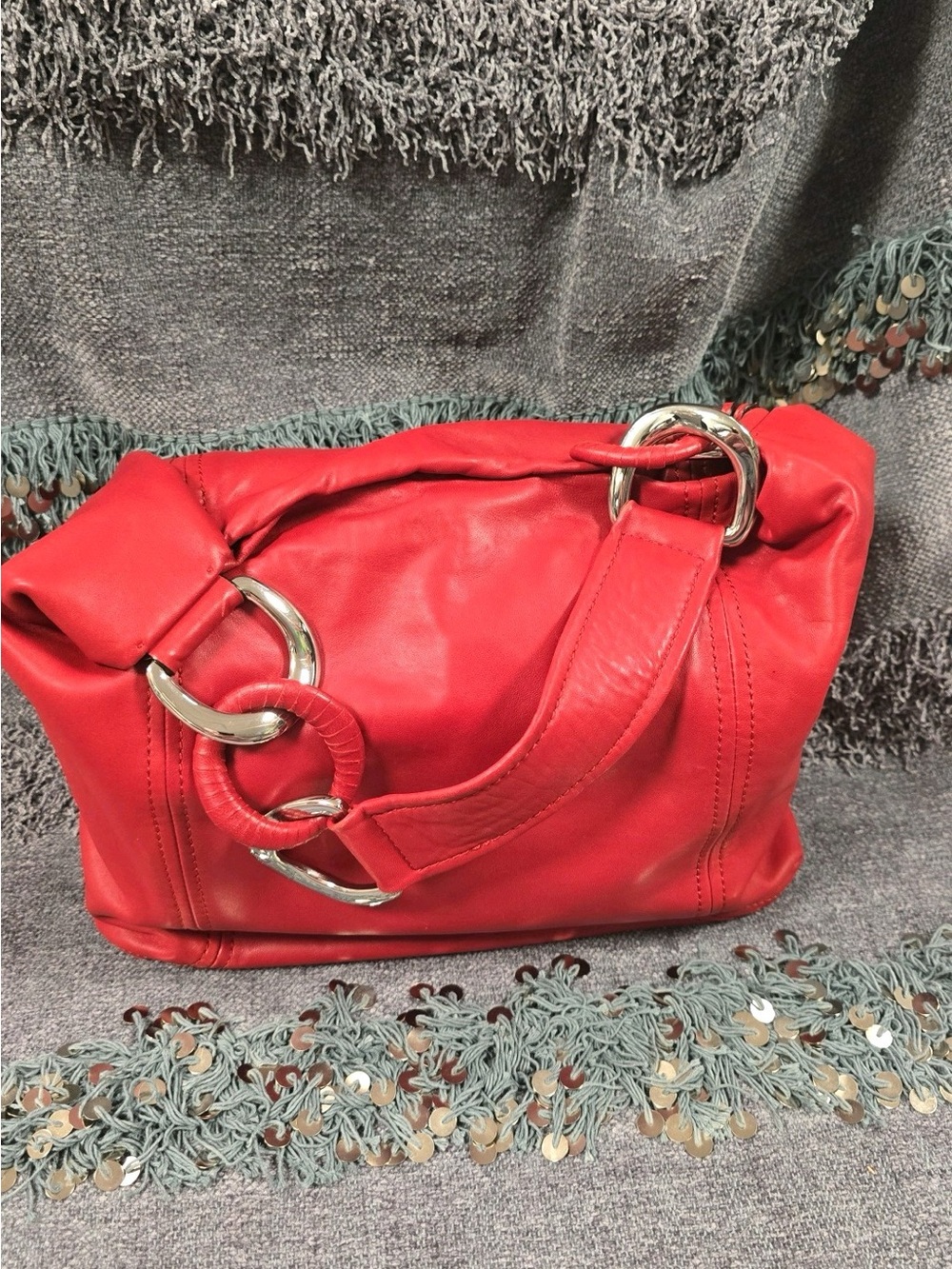 Michael Kors Red Leather Shoulder Hobo with Ring Hardware